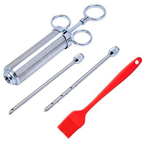 Stainless Steel Meat Injector,Kingstar 2 Oz Large Turkey Capacity Seasoning Barrel with Liquid Minced Marinade Needles and Silicone Brush