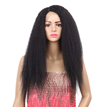 Rosyou Synthetic Lace Front Wigs For Black Women Kinky Straight Long Black Wig Lace Wig Heat Resistant 24 Inches Side Part (24 Inches / 130% Density, Natural Color (#1B))