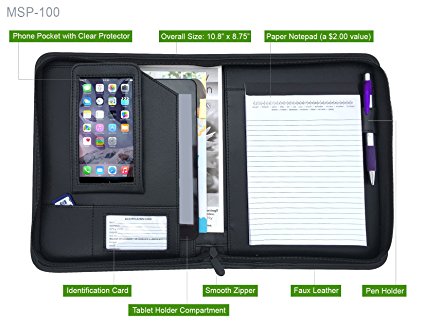 MSP Small Padfolio (10.8" x 8.75") with Zippered Closure, Phone case and Mini Tablet Holder (MSP-100)