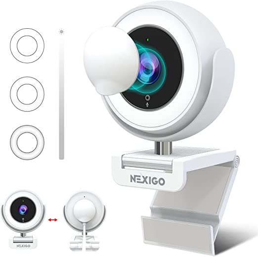 NexiGo N660E 1080P Webcam with Ring Light, Adjustable Brightness, Magnetic Privacy Cover, Dual Noise Reduction Mics, for Zoom Skype Teams, White (Upgraded Model)