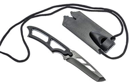 SE KFD703-1BK 6.5" Black Tanto Neck Knife with 2-IN-1 Whistle/Sheath and Lanyard