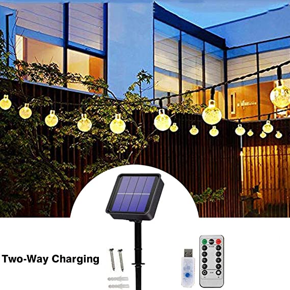 Updated Version Solar String Lights Globe- Two-Way Charging (Solar & USB Charge) Crystal Balls Waterproof Fairy Lights with Remote Control - 26ft 40LED String Light (Warm White Upgraded)
