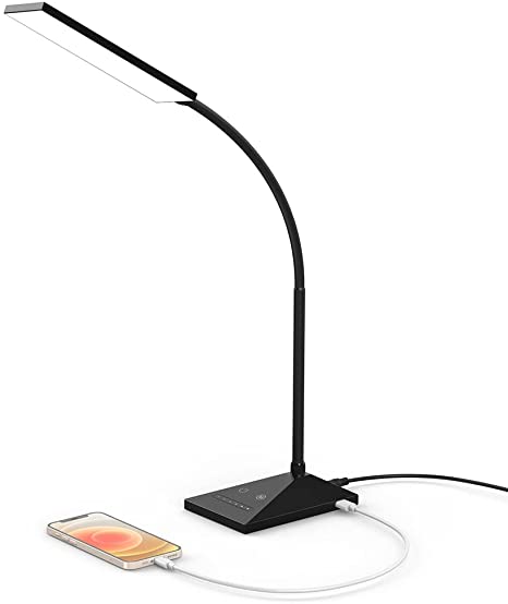 Vansuny LED Desk Lamp with USB Charging Port, Eye-Caring, 5 Color Modes,6 Brightness Levels, Touch Control, Flexible Gooseneck, Memory Function for Dorm Office Work Bedroom (12W,Black)