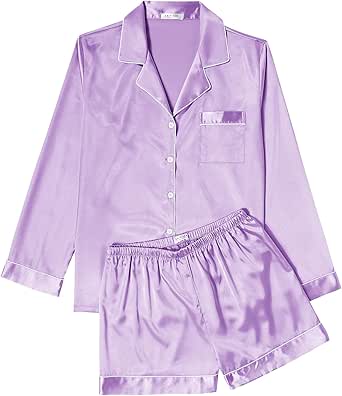 Ekouaer Silk Pajamas Womens Long Sleeve Sleepwear Soft Satin Button Down Loungewear 2 Piece Pjs Shorts Set S-XXL