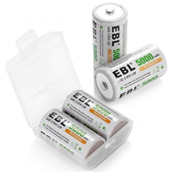 EBL C Size Battery 5000mAh Ni-MH C Cell Rechargeable Batteries with C Battery Box, Pack of 4