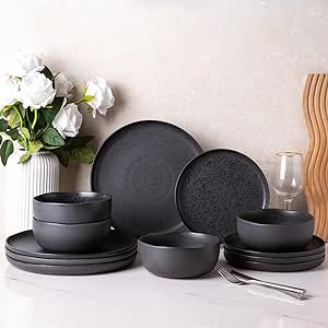 AmorArc Ceramic Dinnerware Sets, Wavy Rim Stoneware Plates and Bowls Sets, Highly Chip and Crack Resistant | Dishwasher & Microwave & Oven Safe Dishes set, Service for 6 (18pc)-Speckled Black