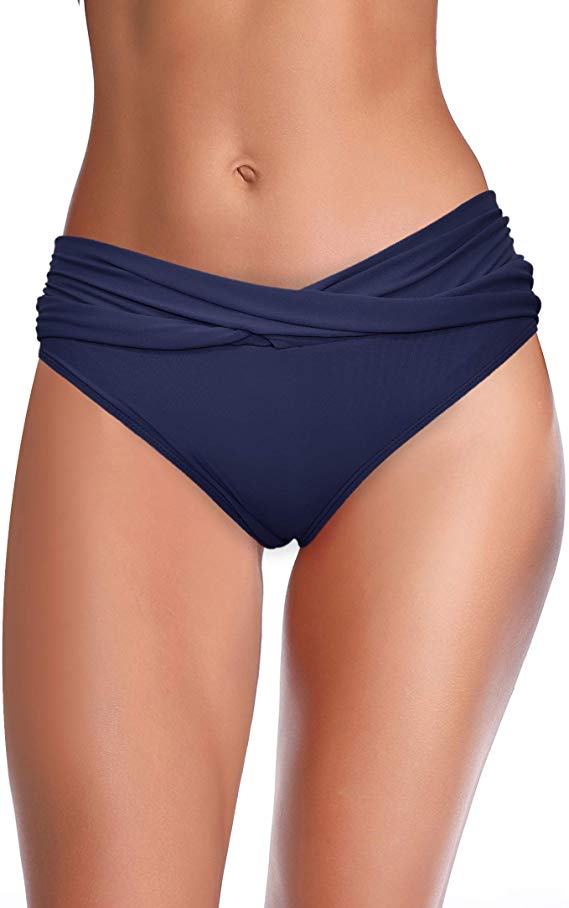 SHEKINI Women's Swimsuit Twist Front Bikini Bottoms Full Coverage Swim Bottoms