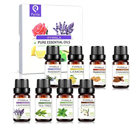 PYRRLA Essential Oils,Top 8 Aromatherapy essential oil Basic Sampler Gift Set & Kit (Tea Tree/Peppermint/Lavender/Frankincense/Eucalyptus/Rosemary/Lemon/Cinnamon)