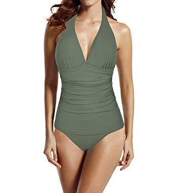 Hilor Women's Halter One Piece Swimsuits Shirred Tummy Control Swimwear Skirted Bathing Suits Monokinis