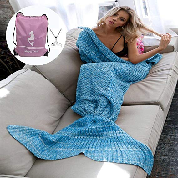 MOSTON Knitting Pattern Mermaid Tail Blanket by, Soft and Warm Mermaid Tails Sleeping Bag Air Conditioning Blanket Slumber Bag Cute Mermaid Gift180X90cm (70.8X35.4 inch) (Light Blue-Adult)