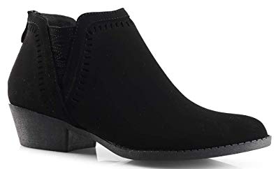 LUSTHAVE Perforated Laser Cut Out Stacked Chunky Low Heel Ankle Bootie - Side V-Cut Back Zipper Boots