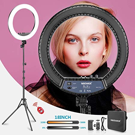 Neewer RL-18II Bi-color 18-inch LED Ring Light with Stand 55W 3200-5600K Dimmable Light with Max. 61.8inch Stand, Remote Phone Holder and Carry Bag for Live Stream Makeup Selfie YouTube Video Shooting