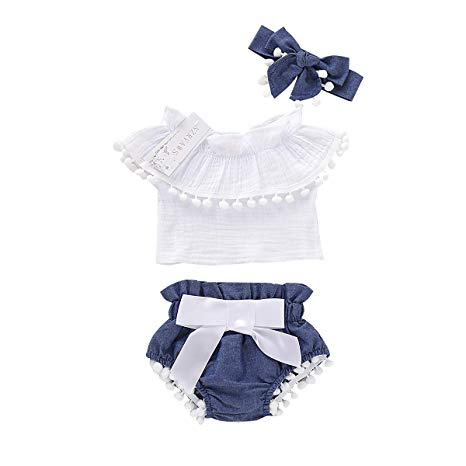 Infant Girl Clothes Off Shoulder Tops Tshirt Shorts Bottoms with Bowknot Headband Baby Girls Clothes 3PCS Set