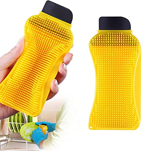 【2020 New】Silicone Sponge 3-in-1 2PCS, Multi-Functional Cleaning Sponge Built-in Soap Scrubber miracle sponge silicone with scraper for Kitchen Dishes Bathroom Car Wash Cleaning Brush Supplies(Yellow)