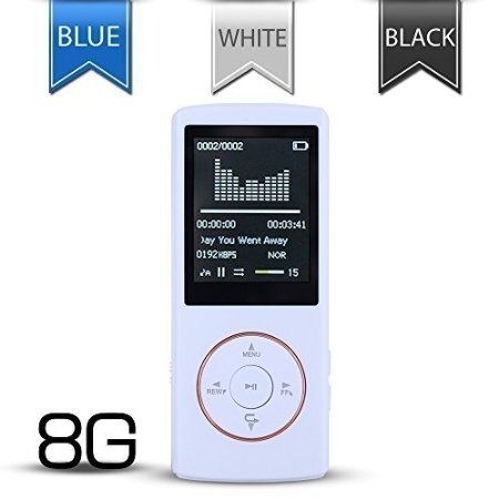 Lecmal Economic Affordable Mp3 Music Player - 8 GB White- 18 LCD Slim Portable Mp3Mp4 Mini USB20 Cables