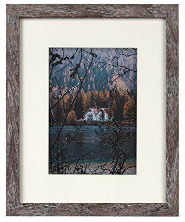 8x10 Rustic Grey Frame with Ivory Mat for 5x7 Photo - Easel Stand, Flexible Metal Tabs, Sawtooth Hangers, Real Glass - Wall Mount, Table Top Display, Smooth Wood Grain Finish (8x10, Grey)