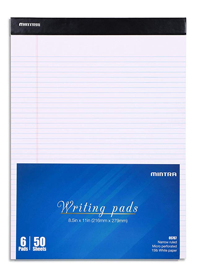 Mintra Office Legal Pads - ((BASIC WHITE 6pk, 8.5in x 11in, NARROW RULED)) - 50 Sheets per Notepad, Micro perforated Writing Pad, Notebook Paper for School, College, Office, Business