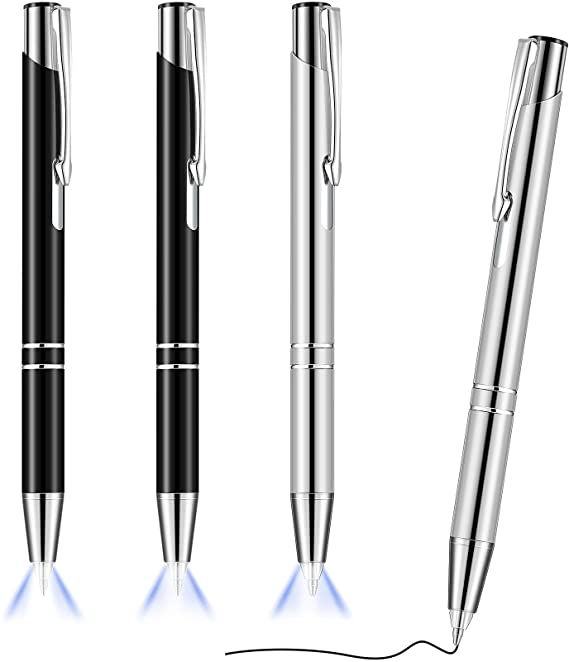 4 Pieces Lighted Tip Pen Ballpoint Pen with Light Flashlight LED Light Pen LED Penlight Light Up Pen for Writing in the Dark (Black and Silver)