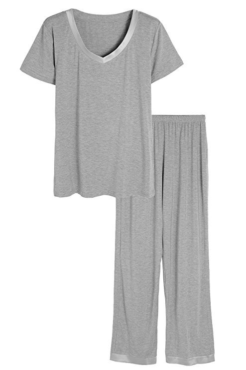 Latuza Women's V-neck Sleepwear Short Sleeves Top with Pants Pajama Set