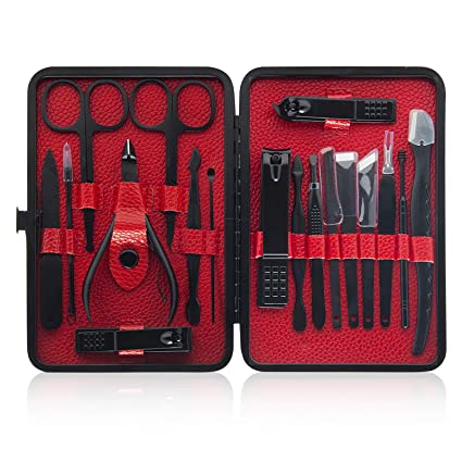 Manicure Set, VICSAINTECK Stainless Steel Professional Pedicure Kit, 18 In 1 Grooming Kit with Ingrown Toenail Clipper and Luxurious Travel Case to Nail Care for Girls, Women, Men (Black)