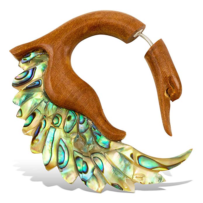 Fake Gauges Wood Earrings Sankofa Abalone Wings S/Tan