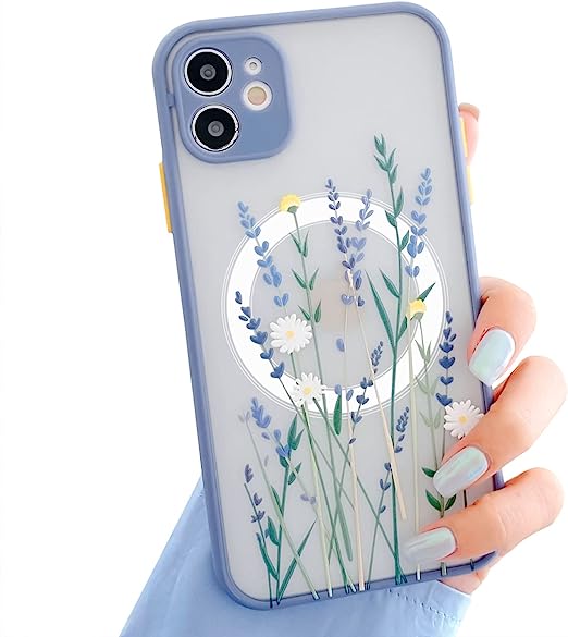 Ownest Compatible with iPhone 12 Case, Magnetic Fitting for MagSafe for Clear Frosted PC Back 3D Flowers Floral Girls Woman and Soft Silicone Slim Shockproof Case for iPhone 12 6.1''-Purple