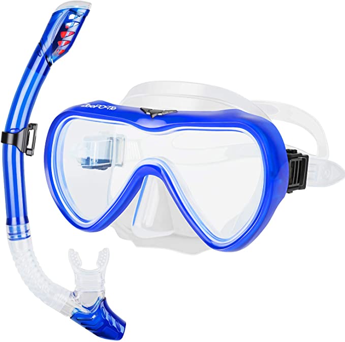 ZEEPORTE Snorkel Set, Anti-Fog Tempered Glass Panoramic Diving Mask, Dry Top Snorkel Gear with Purge Valve and Anti-Splash Guard, Watertight Anti-Impact Snorkeling Mask for Adults (Blue, Medium)