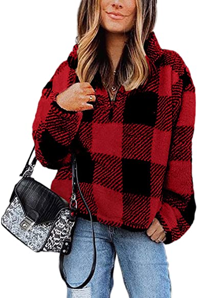 Womens Buffalo Plaid Sweatshirt Quarter Zip Checkered Fleece Pocketed Pullover Jacket Coat