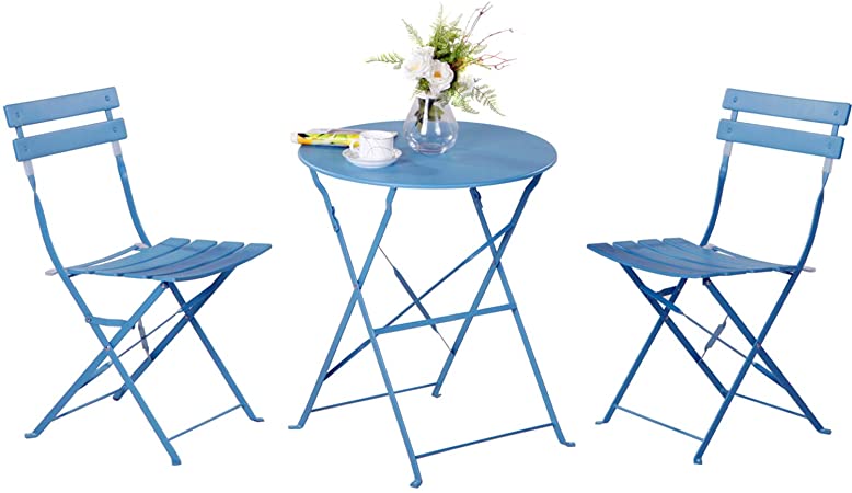 Grand patio Bistro Set 3 Piece Outdoor Weather-Resistant Furniture Sets Steel Folding Round Table and Chairs (Blue)