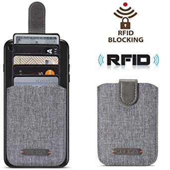 Card Holder for Back of Phone RFID Blocking 5 Pull Credit Card Cash Cell Phone Wallet Pocket Canvas Pu Leather Stick-On ID Case for iPhone/Android/Samsung/Smartphones (Grey)