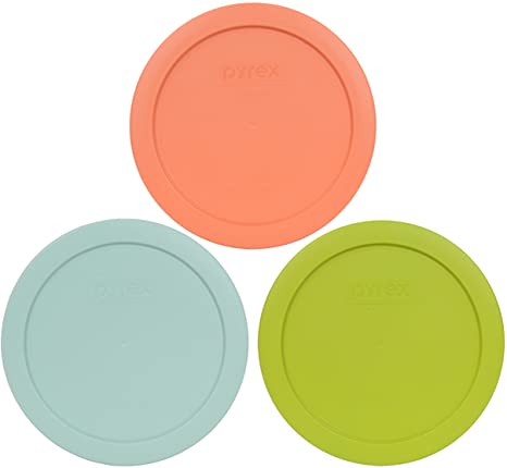 Pyrex 7201-PC 4 Cup (1) Bahama Sunset (1) Muddy Aqua (1) Edamame Green Round Plastic Lids - 3 Pack