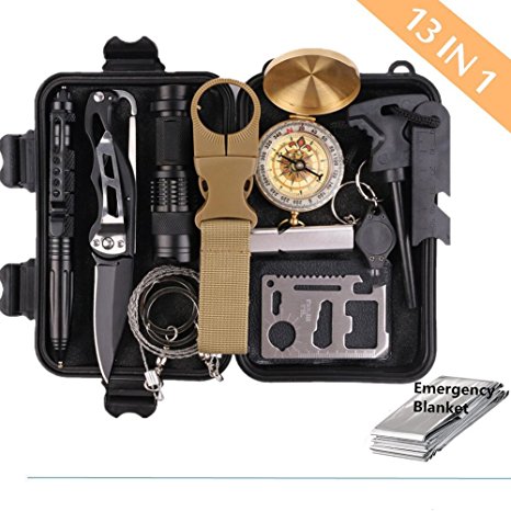 Survival Gear Kits 13 in 1- Outdoor Emergency SOS Survive Tool for Wilderness /Trip / Cars / Hiking / Camping gear - Wire Saw, Emergency Blanket, Flashlight, Tactical Pen, Water Bottle Clip ect.,