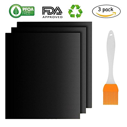 OUREIDA BBQ Grill Mat Sets of 3 - Non-stick Barbecue & Baking Mats - 16" x 13" Reusable Mat for Oven, Gas, Charcoal, Electric Grill - FDA-Approved, PFOA Free and Heat Resistant