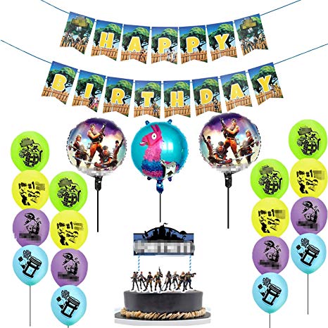 25 Pack Gaming Party Supplies Set,16 Latex Party Balloons and 3 Foil Balloons,Video Game birthday Banner decorations and Birthday Cake Topper for Kids Battle Royale Gamer Decorations