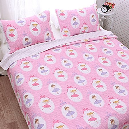 Dancing Girl Ballerina Princess Cute Dot Reversible Twin/Full Quilt + Pillowcase Set, 100% Washed Twill Cotton, Quilted Bedspread Coverlet Set (Full)