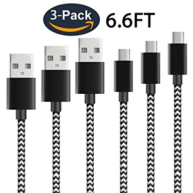 Micro USB Cable, 6.6FT 3-Pack Nylon Braided High Speed 2.0 USB to Micro USB Charging Cables Android Fast Charger Cord for Samsung Galaxy S7 Edge/S6/S5/S4,Note 5/4,LG,Nexus,Android Smartphones and More