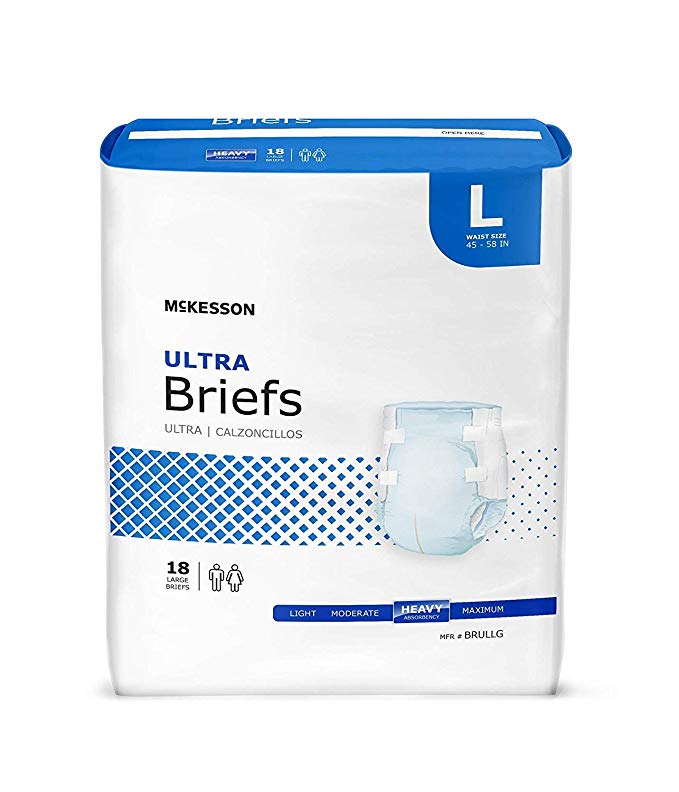 McKesson Adult Incontinent Brief, Ultra Tab Closure, Heavy Absorbency, Size Large, Color Blue, Packaged: 18 Per Bag, 4 Bags Per Case. 72 Diapers Total