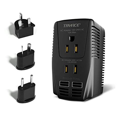 TryAce 2019 2000W Travel Voltage Converter for Hair Dryer Straightener,Curling Iron,Flat Iron, Step Down 220V to 110V, 10A Power Adapter with 2-Port USB, EU/UK/AU/US Plug for Laptop, Camera, Phones