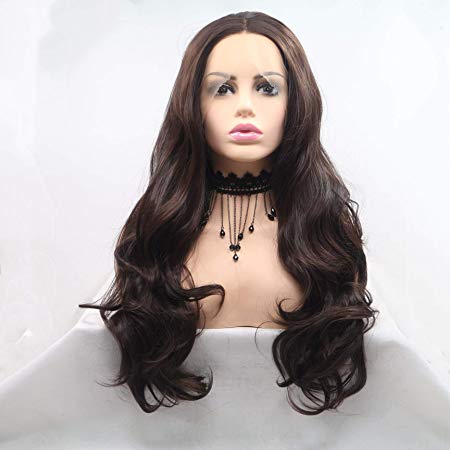Lucyhairwig Lace Front Wig Natural Brown Synthetic Wigs Long Wavy Heat Resistant Fiber Hair Wigs Long Body Wave Half Hand Tied Wigs For Women