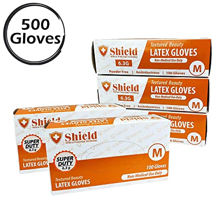SHIELD Heavy Duty Latex Gloves – 6.3g, Powder Free, Textured, Non-Sterile, Disposable, Ambidextrous, Ivory Color (500 Pcs) (Medium)