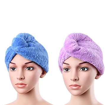 Uarter Hair Turban Towel Twist Wrap Fast Drying Absorbent Microfiber Dry Hair Cap for Bath, Spa, Makeup 23.4 9.8inch (2 Pack) Blue and Purple