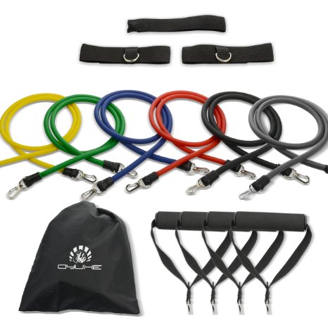 Qyuhe Resistance Band Workout Set with Handles, Door Anchor, Ankle Strap, Exercise Chart Carrying Bag, Total 67-85 lbs