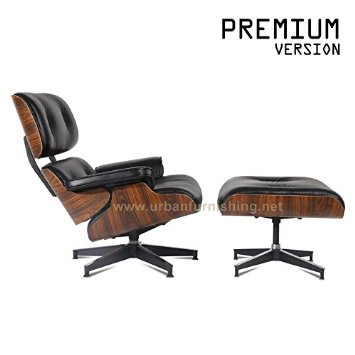 Urban Furnishing - Mid Century Plywood Lounge Chair and Ottoman - Black Aniline Leather