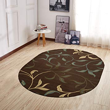 Ottomanson Ottohome Collection Contemporary Leaves Design Non-Skid Rubber Backing Modern Area Rug, 5' X 6'6" Oval, Chocolate Brown