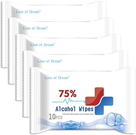 Alcohol Formula Wipes (5Pack=50pieces),75% Alcohol Cotton Slices Sterile Gauze Pads Individually Wrapped Swap Wet Wipe for Outdoor Skin Cleaning Care PNO05