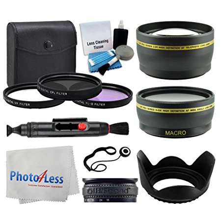 55mm Lens 3 Piece Filter Accessory Kit for Canon, Nikon, Sony, Samsung, UV/CPL/FLD   Telephoto Lens   Wide Angle   Lens Hood   Lens Cap Holder   Cleaning Cloth   5 Piece Cleaning Kit   Value Bundle