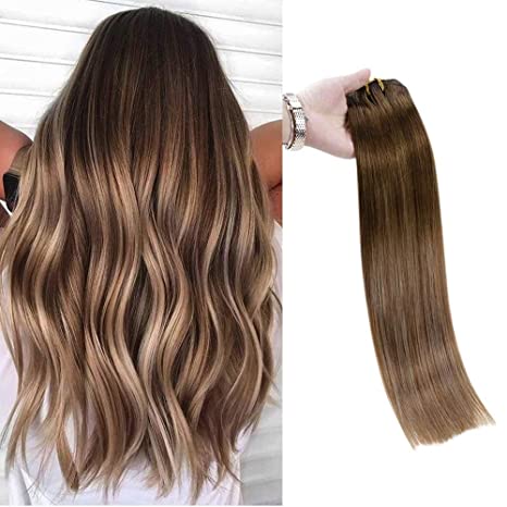 Full Shine Clip In Hair Extensions 100 Remy Brazilian Hair Clip In Extensions 16 Inch Balayage Color 3 Fading To 10 and 18 Ash Blonde 100 Gram Per Set Hair Extensions Clip In Double Wefted Hair