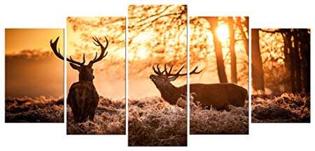 Pyradecor Brown Canvas Prints Wall Art Deer Elks in Autumn Sunset Forest Pictures Paintings for Living Room Bedroom Kitchen Home Decorations 5 Piece Modern Giclee Animal Scenery Landscape Artwork