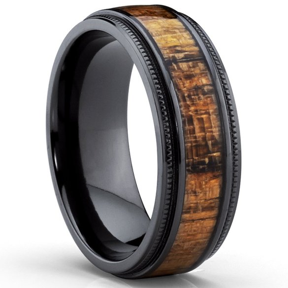 Black Titanium Wedding Band with Real Koa Wood Inlay, Milgrain Ring comfort fit 8MM