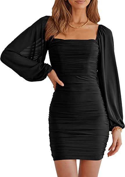 MASCOMODA Women Elegant Square Neck Lantern Long Sleeve Mini Ruched Bodycon Dress Stretch Mesh Slim Party Cocktail Dresses